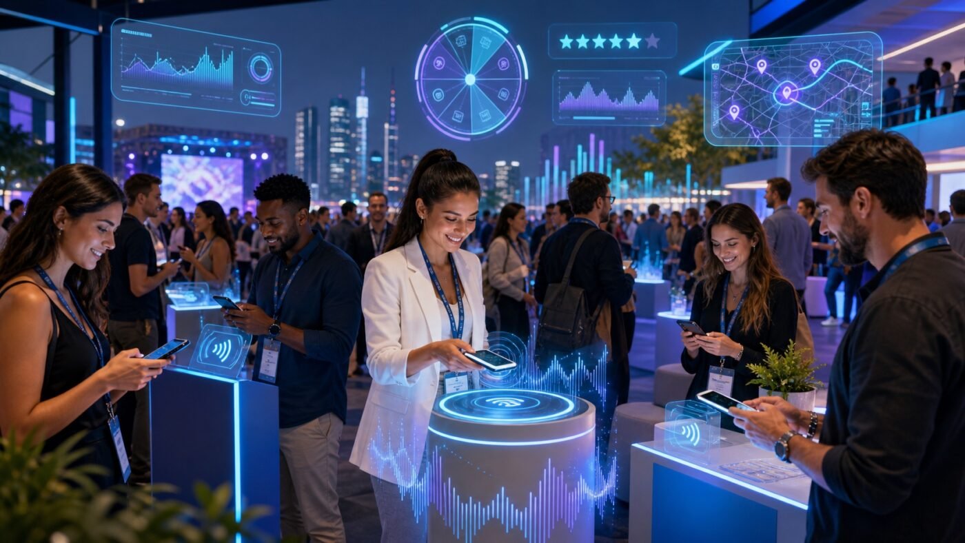 Participanți la un eveniment interacționând cu activări de marketing prin NFC