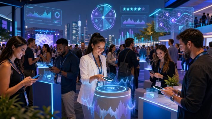 Participanți la un eveniment interacționând cu activări de marketing prin NFC
